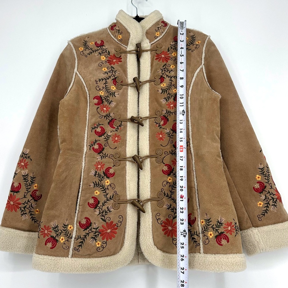 St. John's Bay Tan Suede Embroidered Toggle Coat with Cream Shearling Trim - Picture 17 of 17